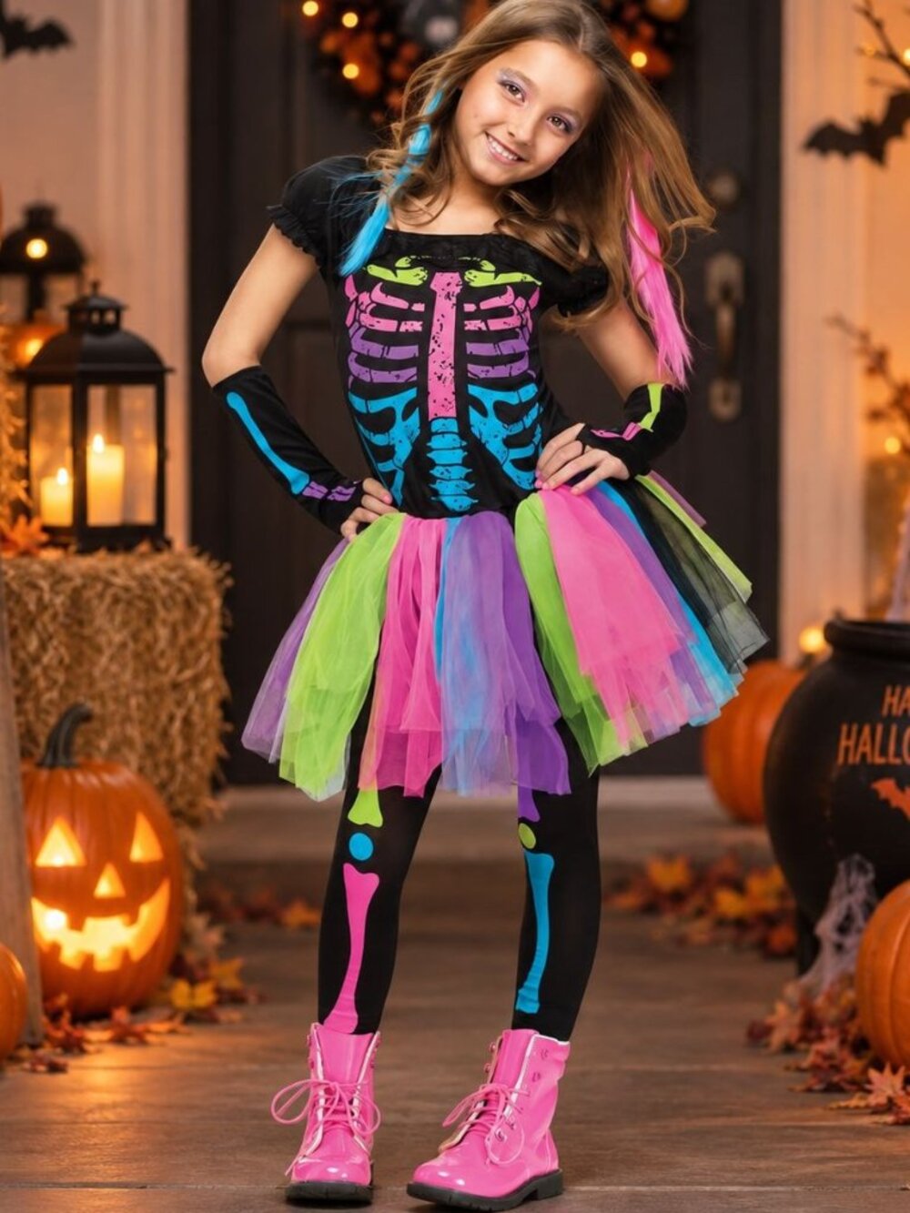 EraSpooky Girls Skeleton Tutu Dress Halloween Costume Colorful Bones Scary Set